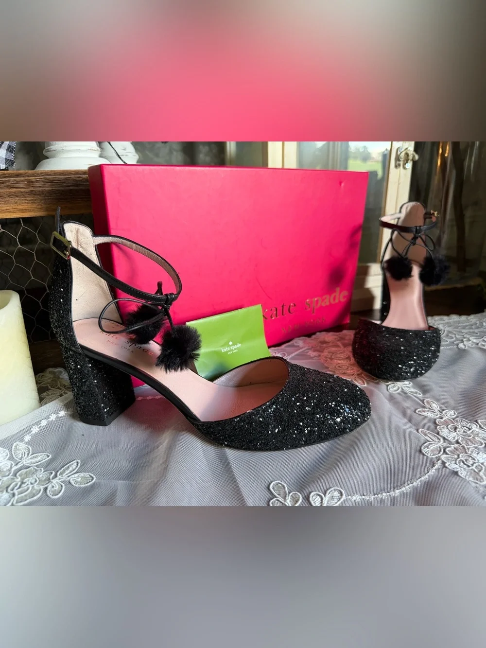 kate spade New York Abigail Black Glitter Block Heels with Pom Ankle Ties sz 7
